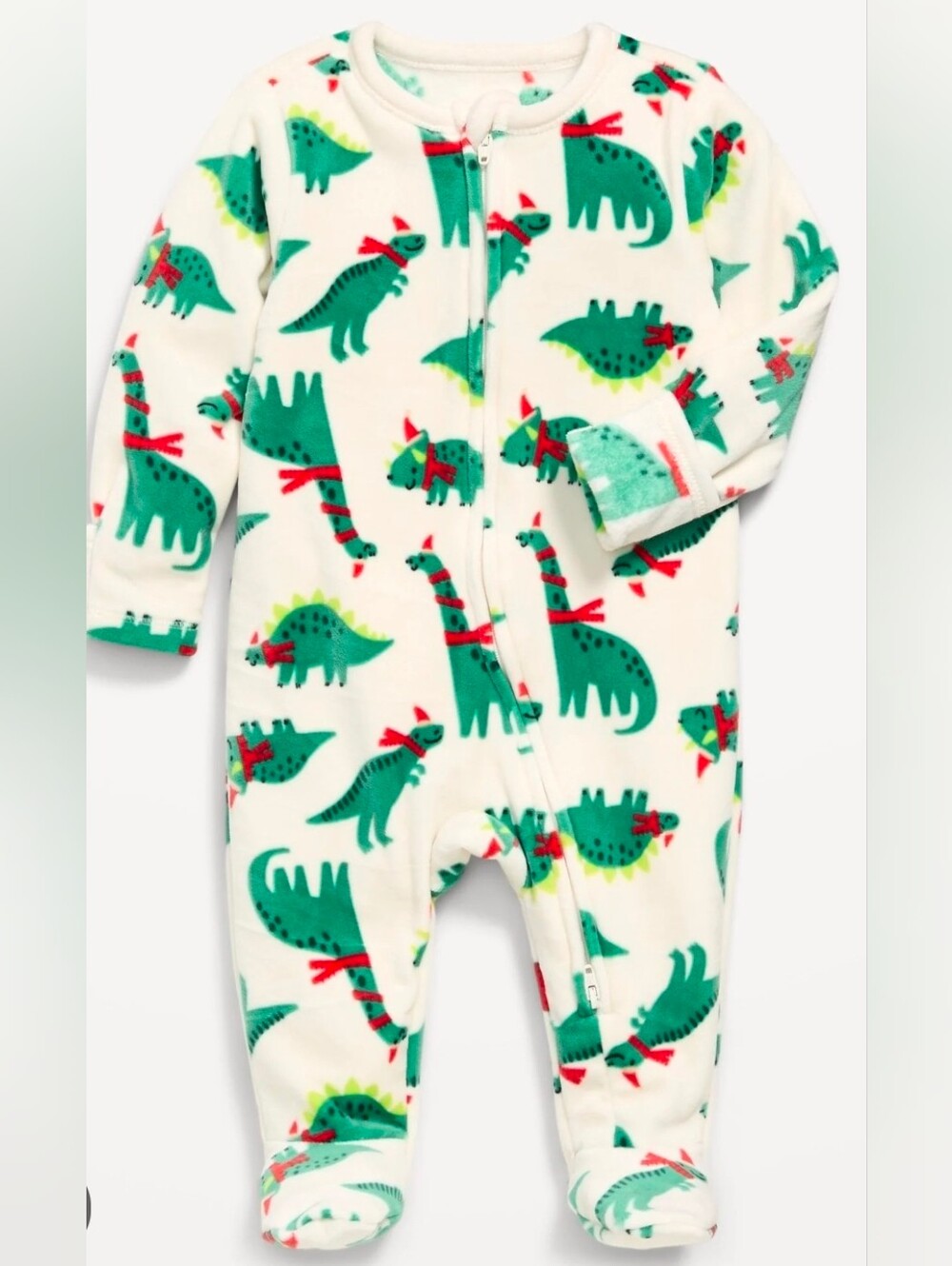 Old Navy Green Dino Footed One-Piece Pajamas with Red Accents